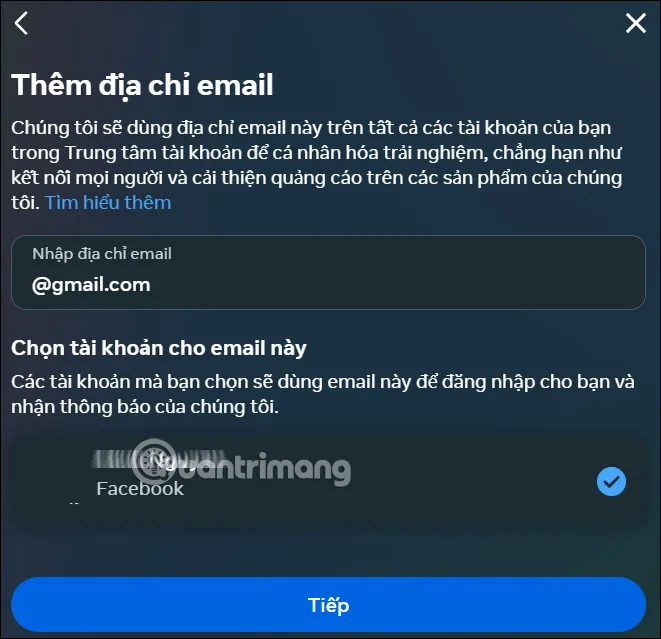 Nhập email mới và chọn tài khoản Facebook để hoàn tất