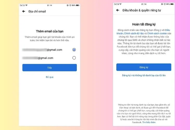 Nhập email và bấm Đăng ký, bước cuối cùng để khởi tạo tài khoản Facebook