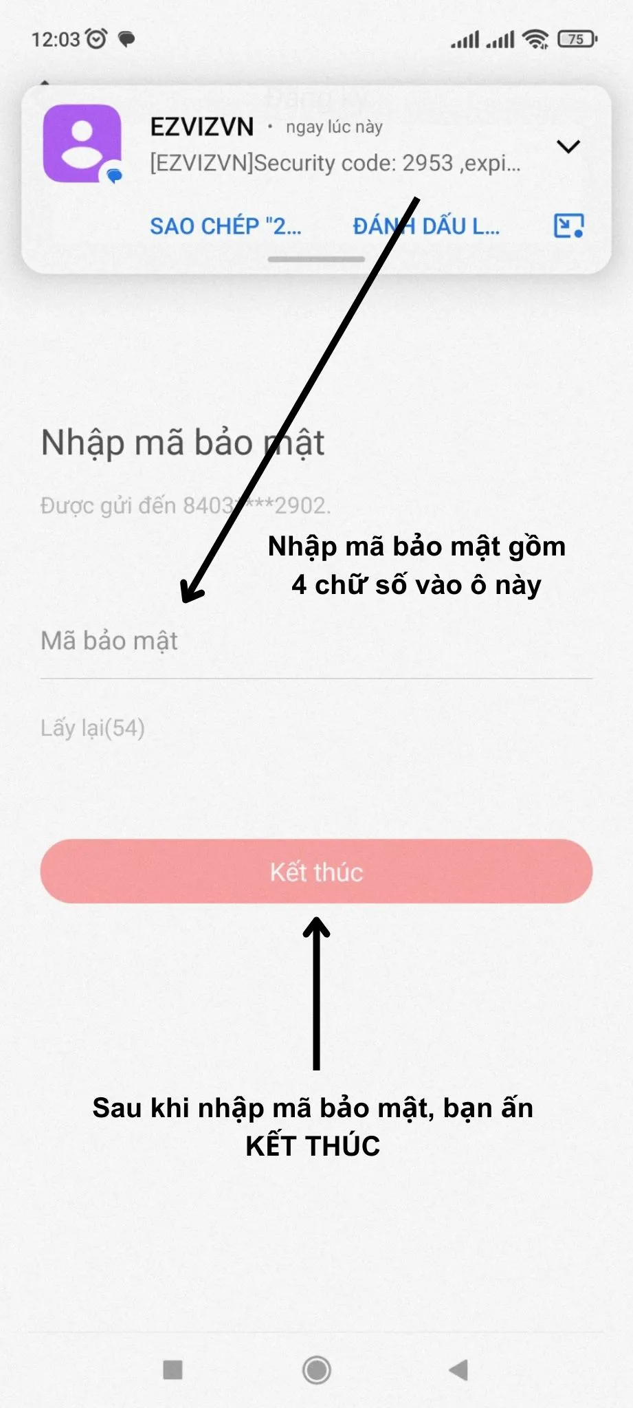 Nhập mã bảo mật (Verification Code) được gửi qua SMS để hoàn tất đăng ký Hik-Connect