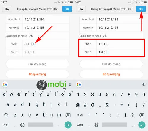 Nhập mã DNS 8.8.8.8 và 8.8.4.4 để khắc phục