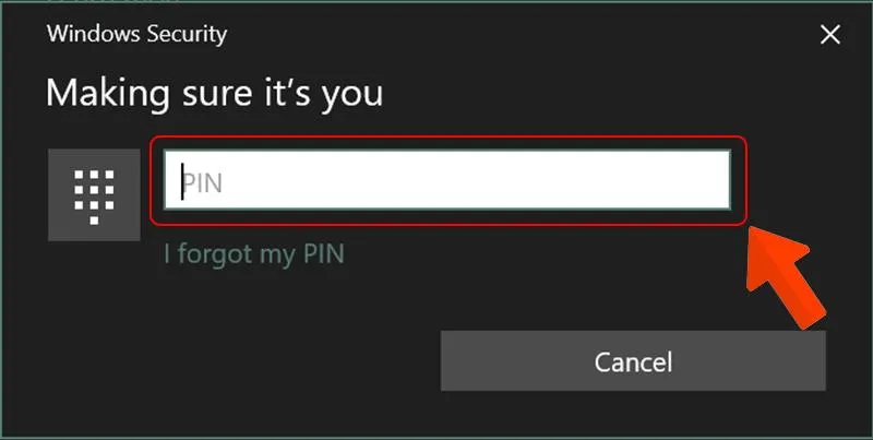 Nhập mã PIN đã thiết lập để xác nhận bảo mật