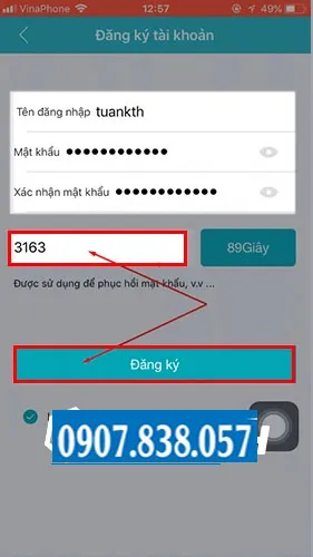 Nhập mã xác nhận nhận được và hoàn tất đăng ký tài khoản ứng dụng iCSee