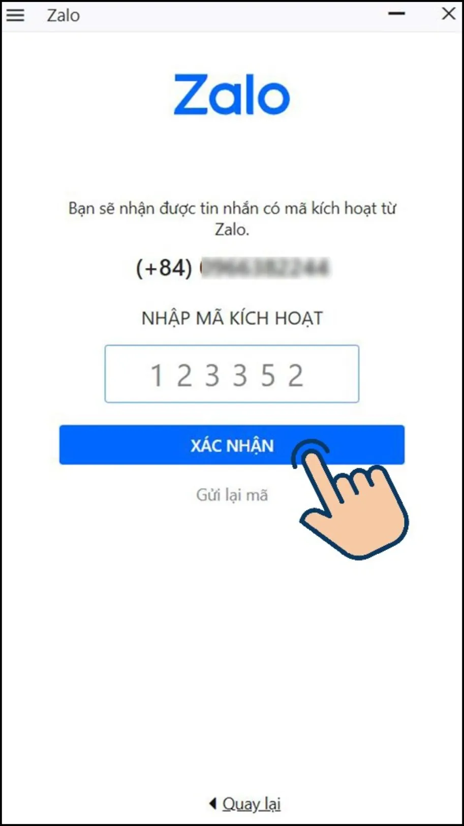 Nhập mã xác nhận OTP được gửi đến điện thoại để hoàn tất đăng ký Zalo