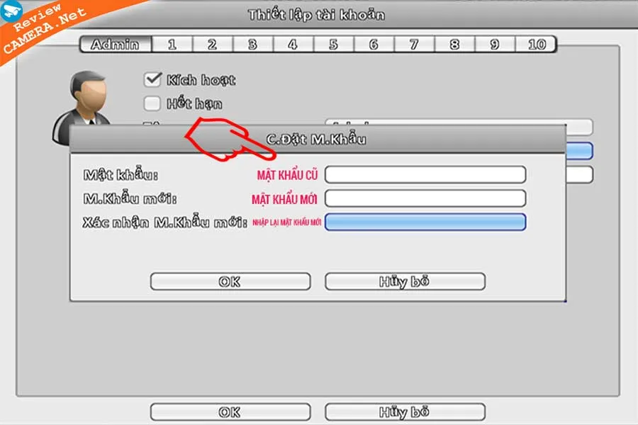 Nhập mật khẩu cũ và mới để đổi mật khẩu đầu ghi Vantech V1