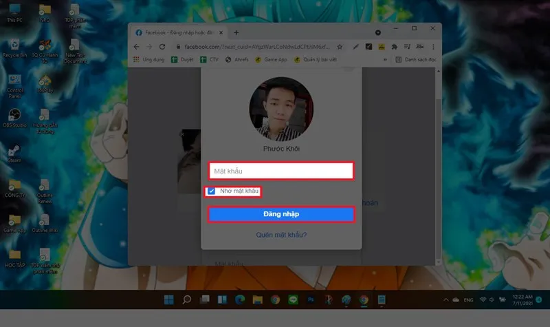 Nhập mật khẩu để hoàn tất quy trình chuyển tài khoản facebook trên máy tính
