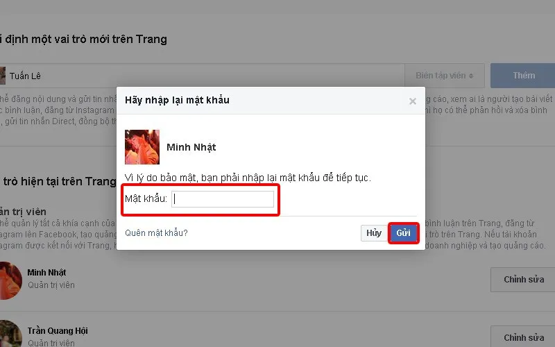 nhập mật khẩu để xác nhận cách thêm người quản lý page trên facebook bằng máy tính
