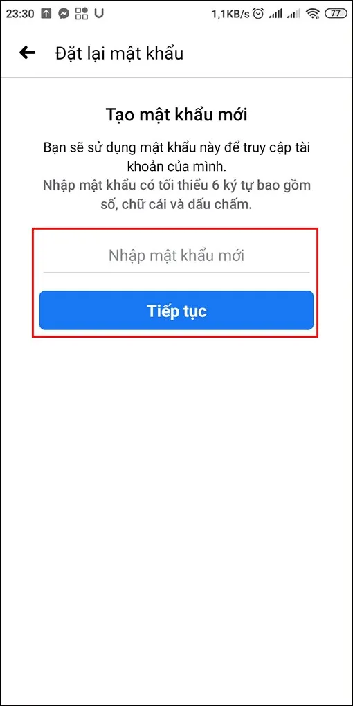 Nhập mật khẩu mới an toàn khi đã khôi phục tài khoản Facebook thành công