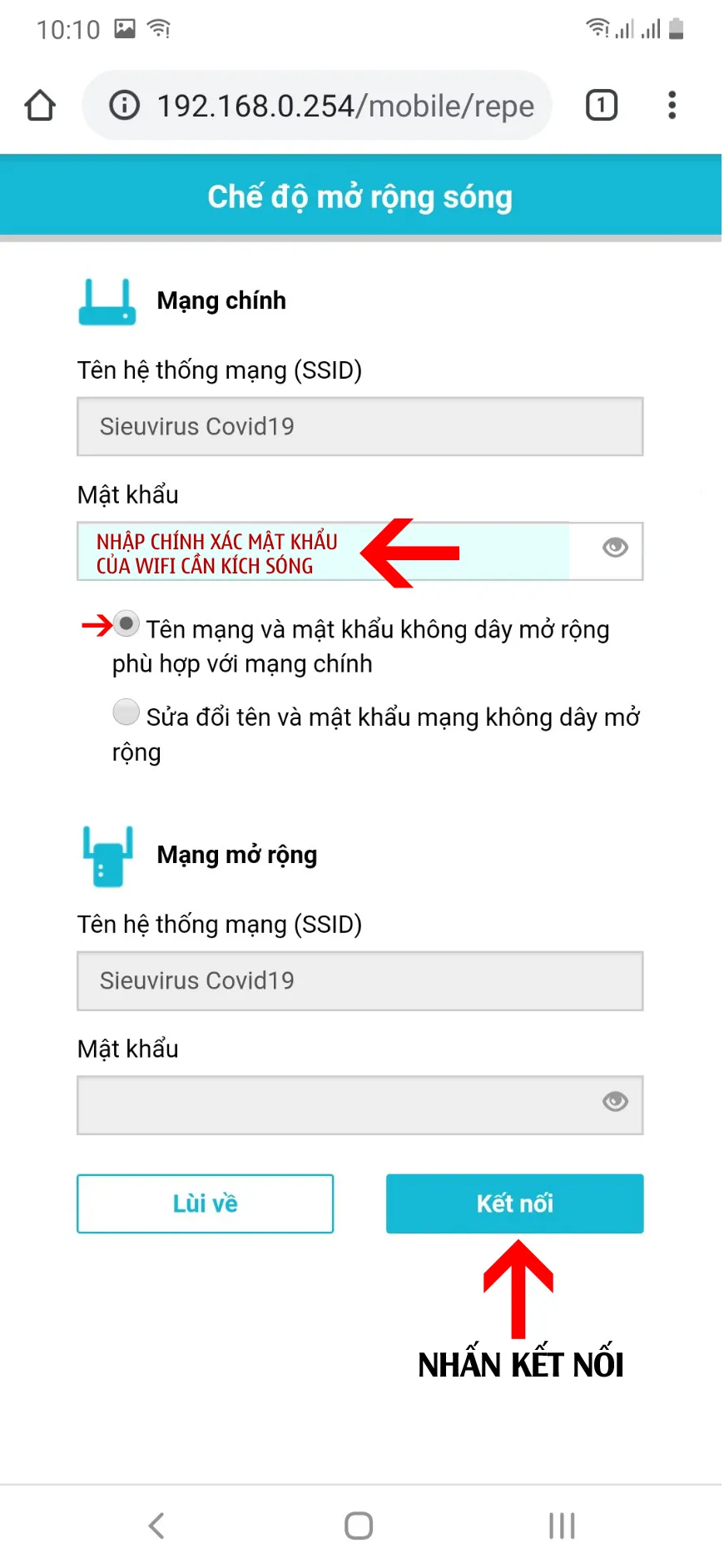 Nhập mật khẩu và đồng bộ tên/mật khẩu khi cài kích wifi totolink EX200
