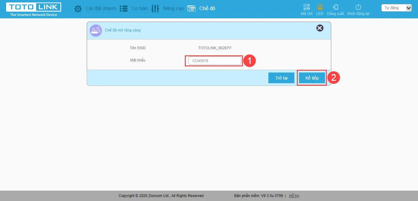 Nhập mật khẩu Wi-Fi chính và cài đặt tên Wi-Fi phát lại
