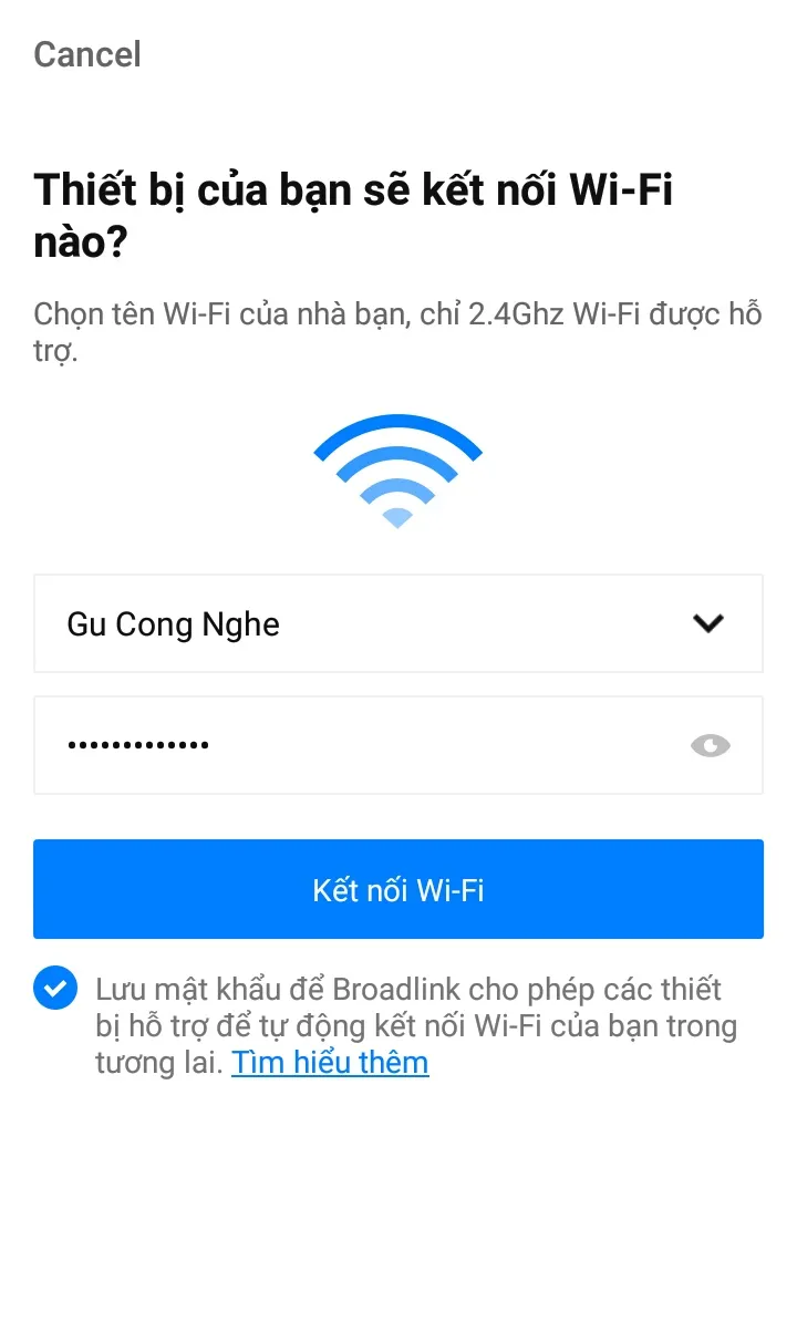Nhập mật khẩu Wifi để kết nối thiết bị BroadLink