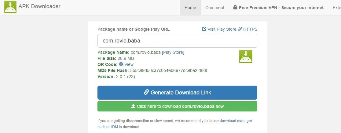 Nhập package name vào công cụ Evozi APK Downloader