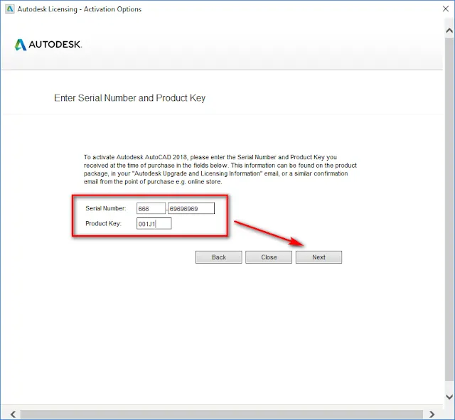 Nhập Serial Number và Product Key để kích hoạt sản phẩm AutoCAD 2018