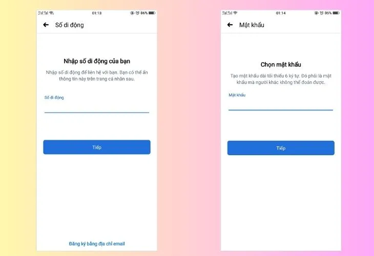 Nhập số điện thoại di động và mật khẩu, đảm bảo mật khẩu đủ mạnh và an toàn