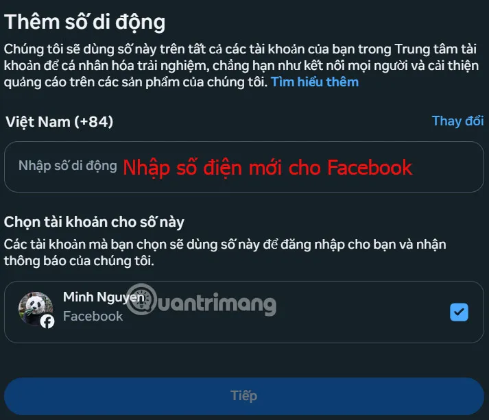 Nhập số điện thoại mới cho Facebook