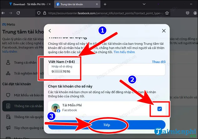 Nhập số điện thoại và chọn tài khoản cần xác thực