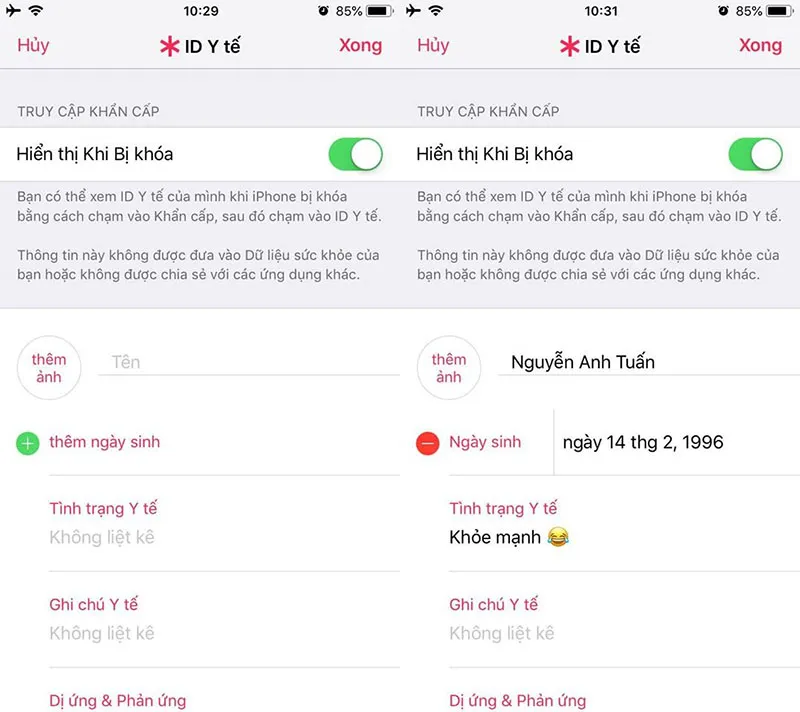 Nhập tất cả các thông tin quan trọng như họ tên, tình trạng y tế, nhóm máu vào ID Y tế