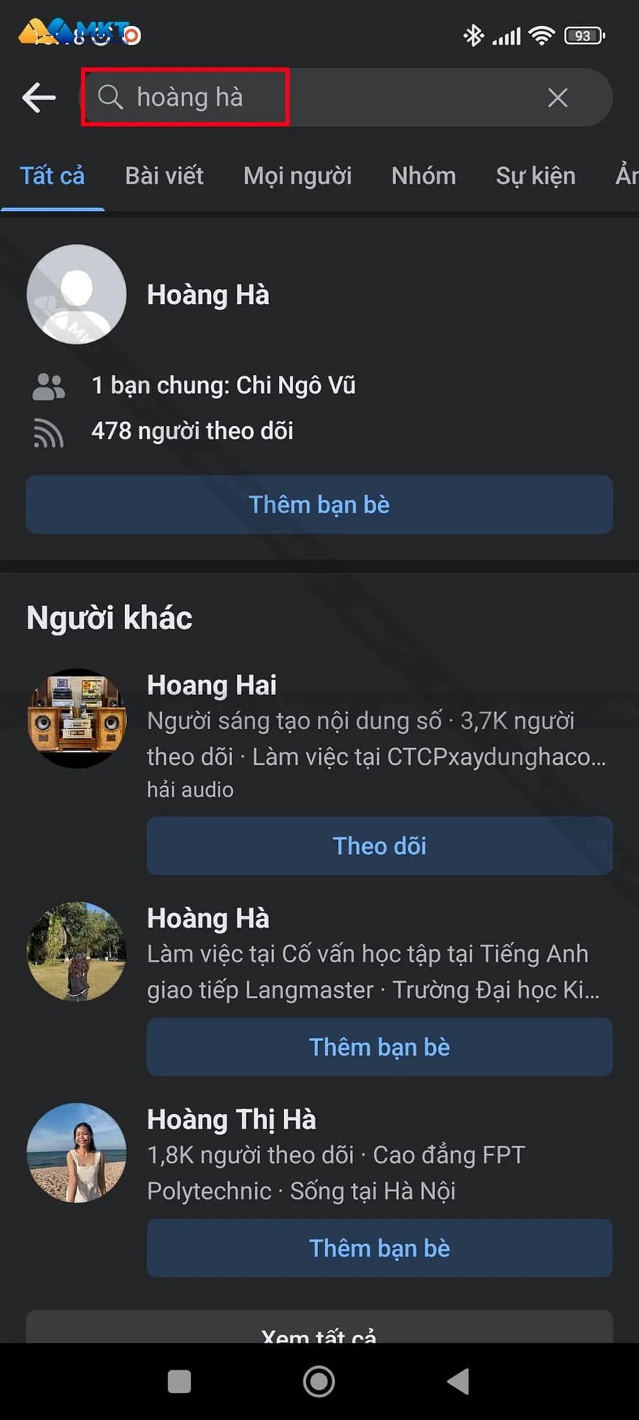 Nhập tên Facebook của người muốn tìm và ô tìm kiếm