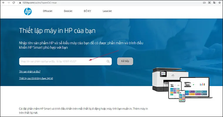 Nhập tên máy in vào website 123.hp.com để tìm driver