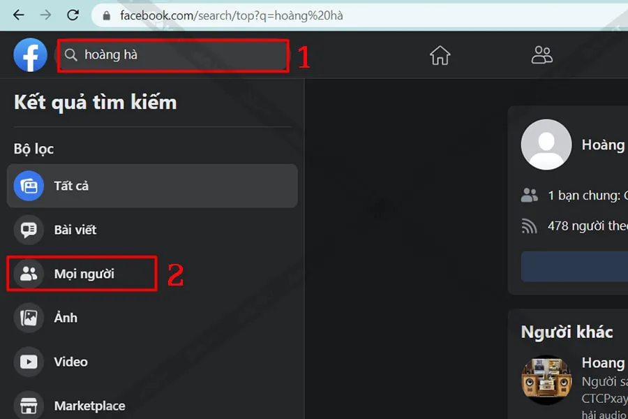 Nhập tên người dùng bạn muốn tìm => sau đó chọn tab Mọi người