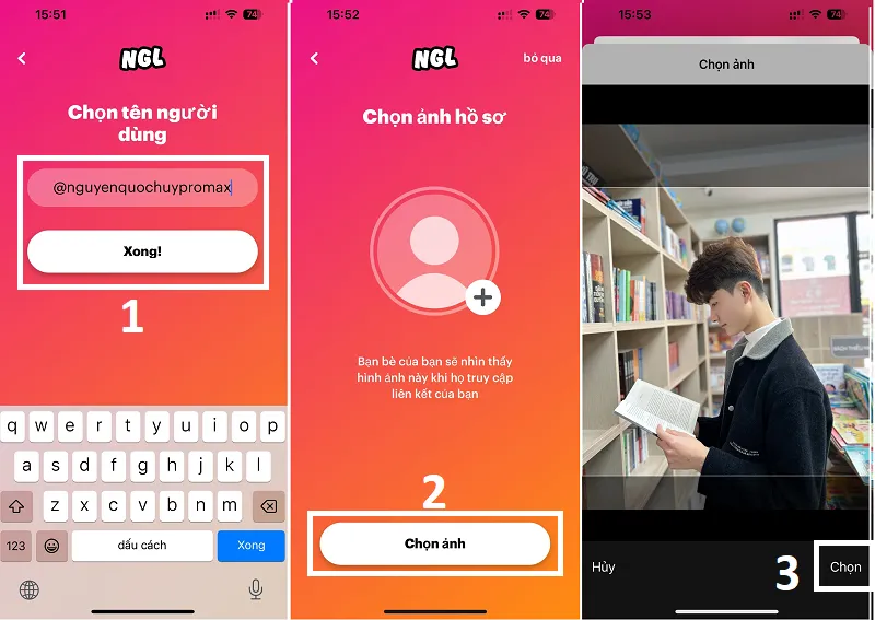 Nhập tên người dùng Instagram và chọn ảnh hiển thị cho câu hỏi ẩn danh