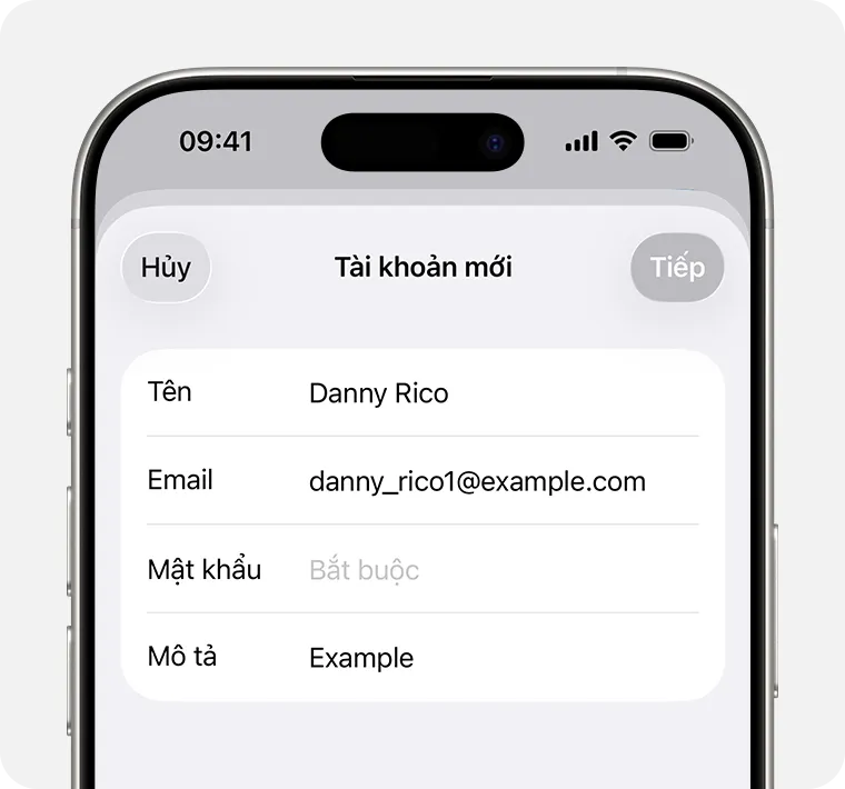 Nhập thông tin chi tiết tài khoản khi cài đặt mail trên iPhone thủ công