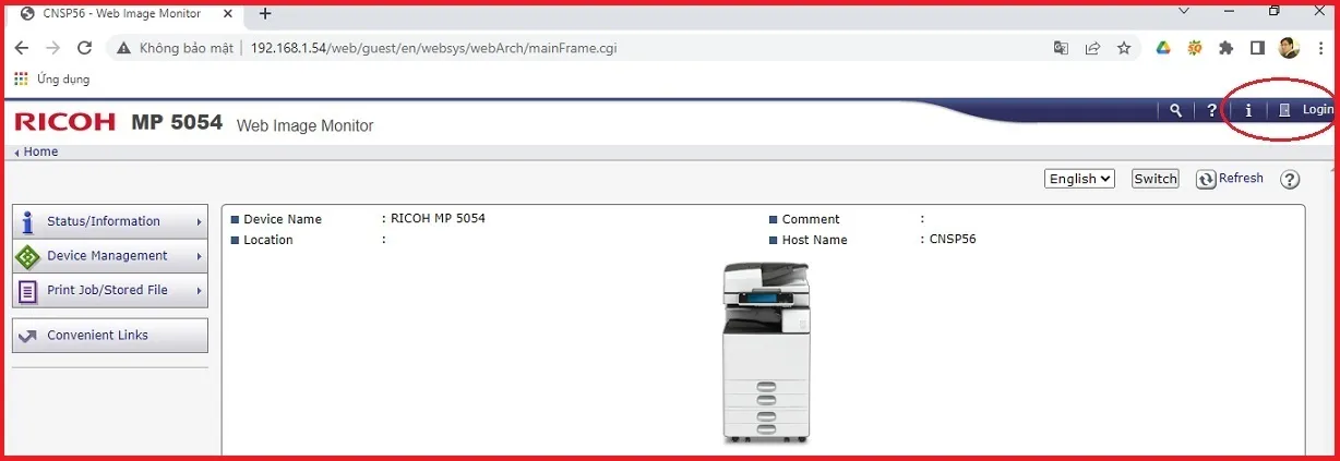 Nhập thông tin đăng nhập admin để cài đặt scan máy photocopy Ricoh