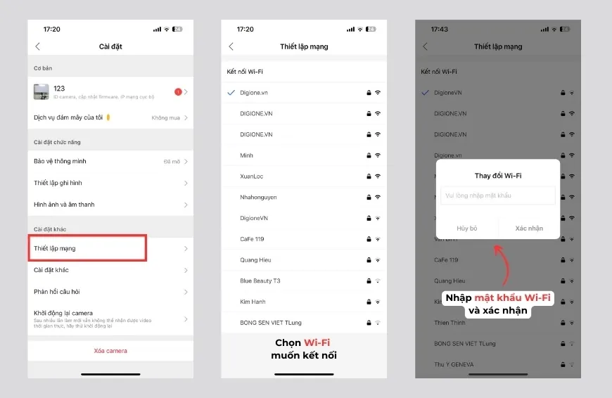 Nhập thông tin kết nối mạng Wi-Fi mới trong giao diện ứng dụng Yoosee