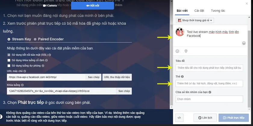Nhập tiêu đề, nội dung và game cho buổi stream trên Facebook