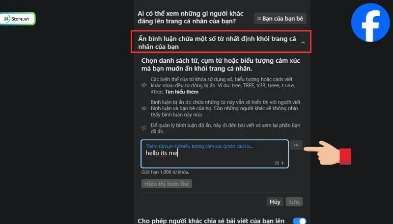 Nhập từ khóa để ẩn bình luận tự động