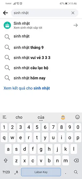Nhập từ khóa “Sinh nhật”.