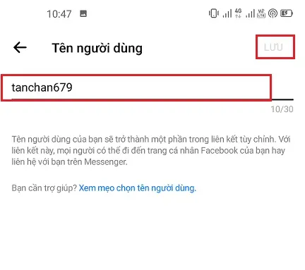 Nhập và lưu Tên người dùng để rút gọn link Facebook trên điện thoại