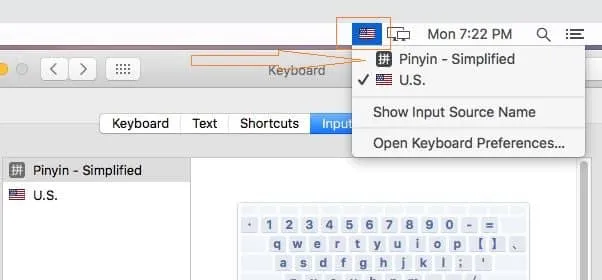 Nhấp vào biểu tượng ngôn ngữ trên Menu Bar và chọn Pinyin – Simplified để chuyển sang bộ gõ tiếng Trung