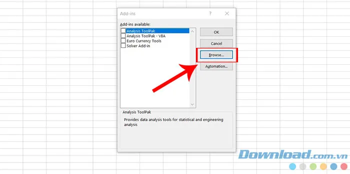 Nhấp vào Browse trong cửa sổ Add-ins để tìm đến đường dẫn cài đặt VnTools