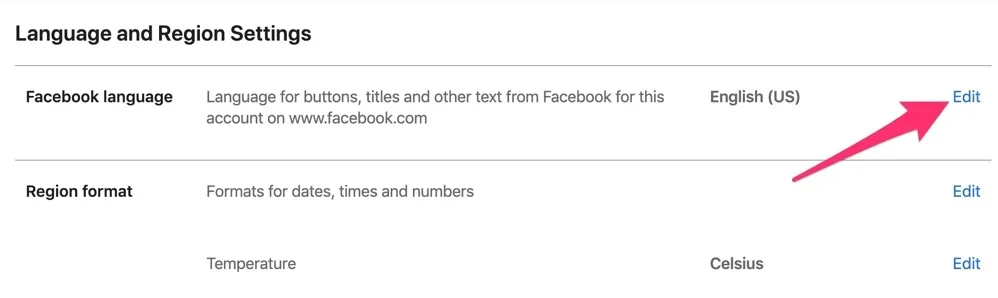 Nhấp vào Edit để chỉnh sửa ngôn ngữ trên Facebook Desktop