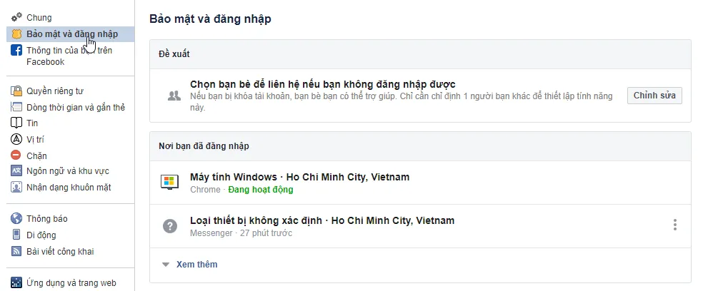 Nhấp vào Xem thêm (See More) để mở rộng danh sách phiên đăng nhập của tài khoản Facebook