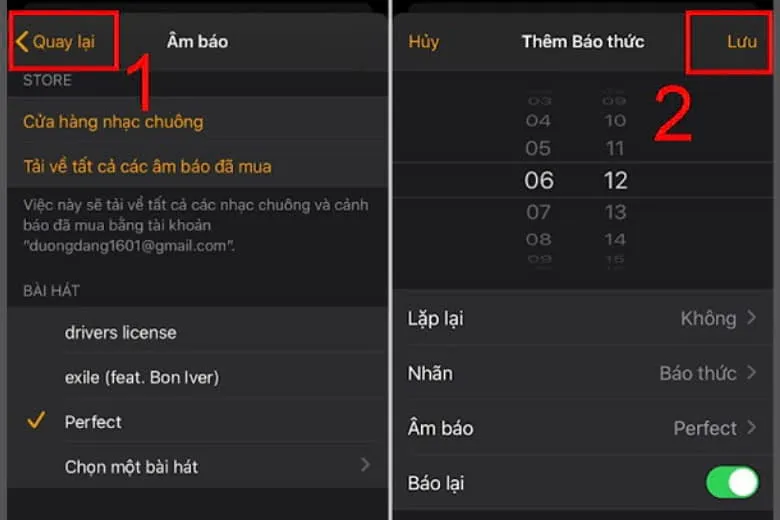 Nhớ quay lại và lưu các thiết lập cho báo thức