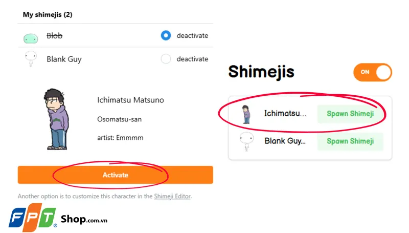 Nút Activate để kích hoạt nhân vật Shimeji mới