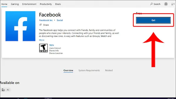Nút Cài đặt (Install) để tải ứng dụng Facebook về máy tính