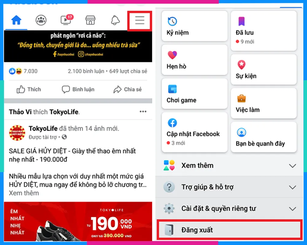 Nút Đăng xuất và Biểu tượng Quản lý trang cá nhân trên ứng dụng Facebook Android