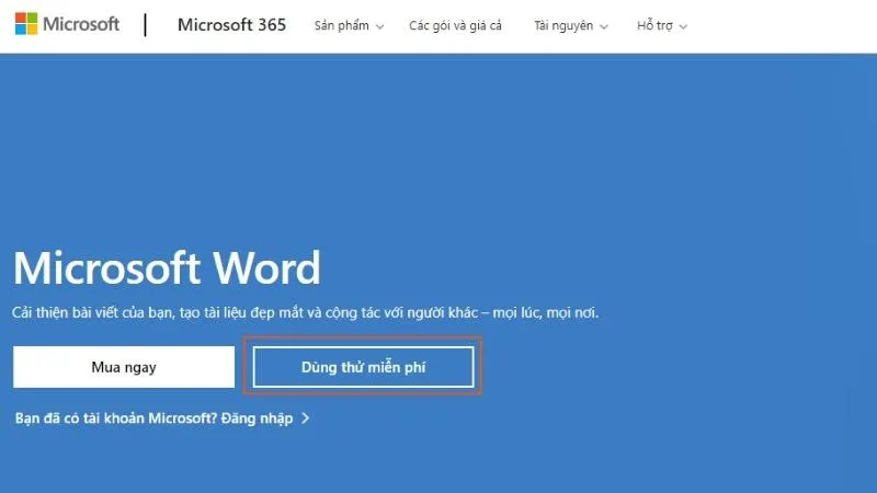 Nút "Dùng thử miễn phí" để bắt đầu quy trình cài đặt Word 2013