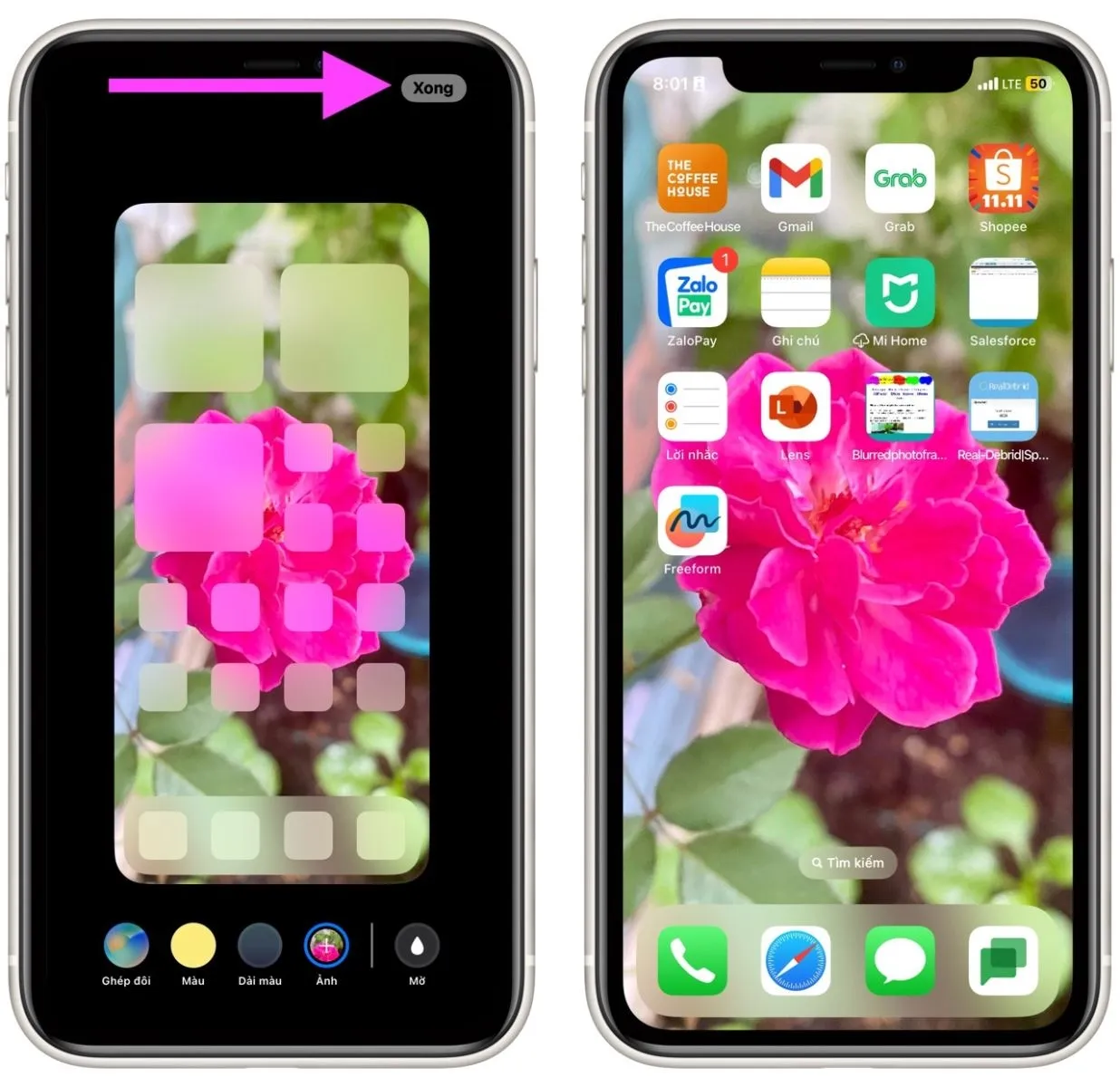 Nút Xong để hoàn tất quá trình cài đặt màn hình chính cho iPhone