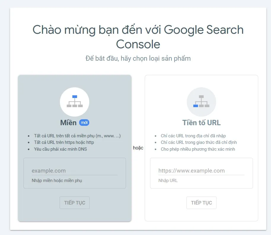 Phân biệt giữa phương thức Miền và Tiền tố URL khi cài đặt Google Search Console