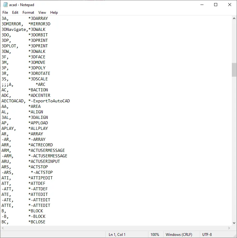 Phần cuối của file acad.pgp hiển thị danh sách lệnh tắt và lệnh gốc