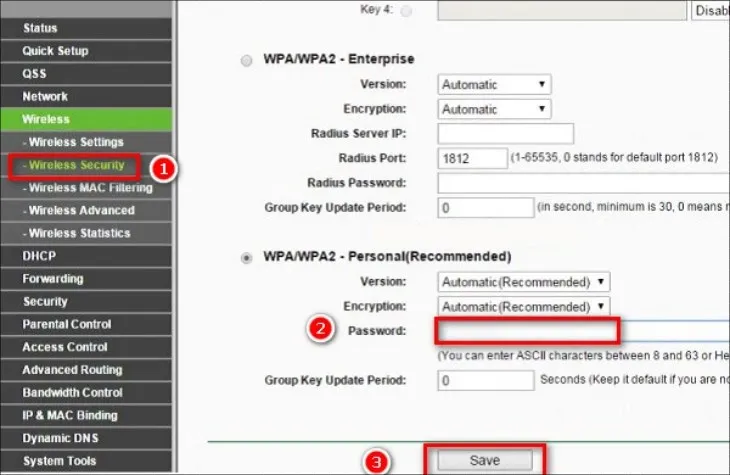 Phần Wireless Security dùng để nhập mật khẩu Wi-Fi mới và chọn chuẩn mã hóa WPA2-Personal