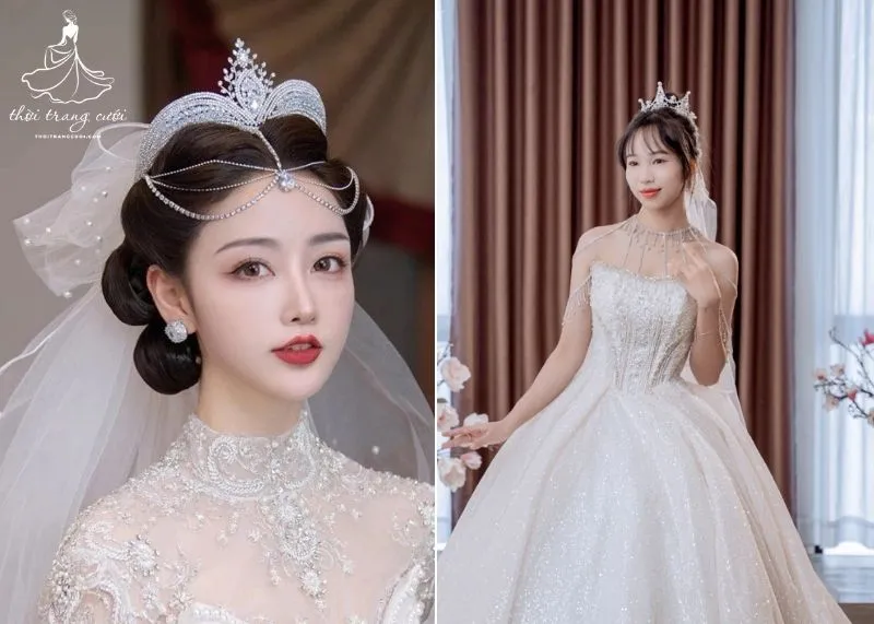 Phương pháp kết hợp và cố định vương miện với khăn voan cô dâu