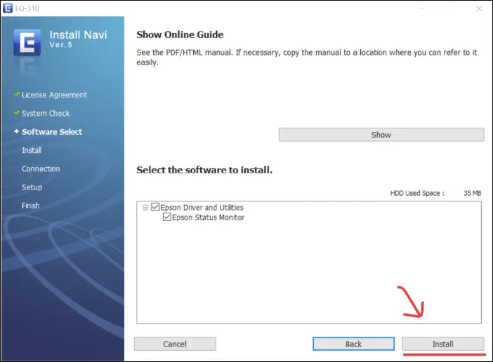 Quá trình cài đặt driver cho máy in Epson LQ 310 đang diễn ra