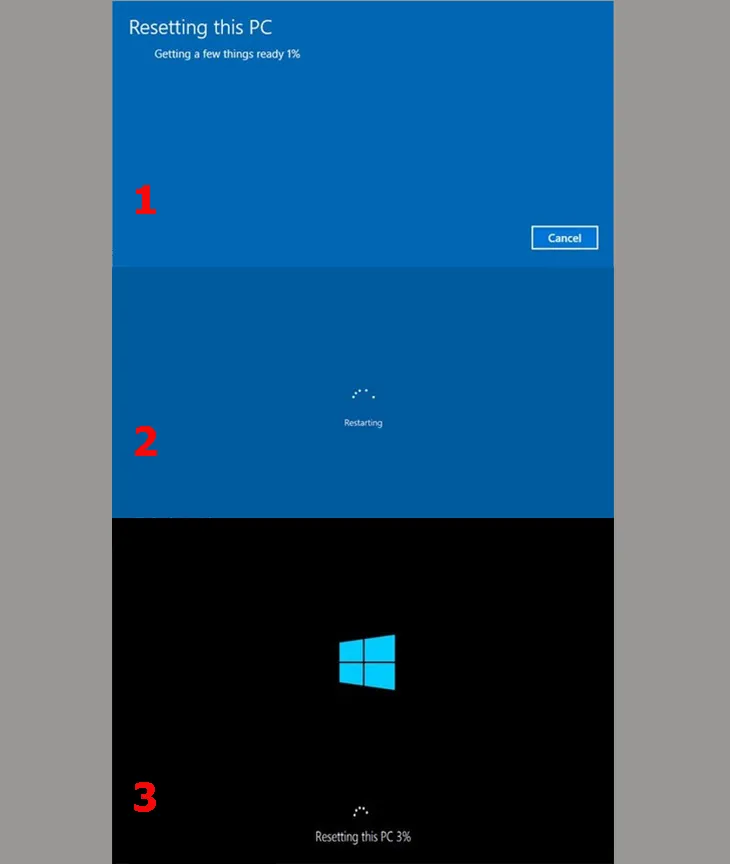 Quá trình reset Windows 10 đang diễn ra, cần đảm bảo nguồn điện cho laptop