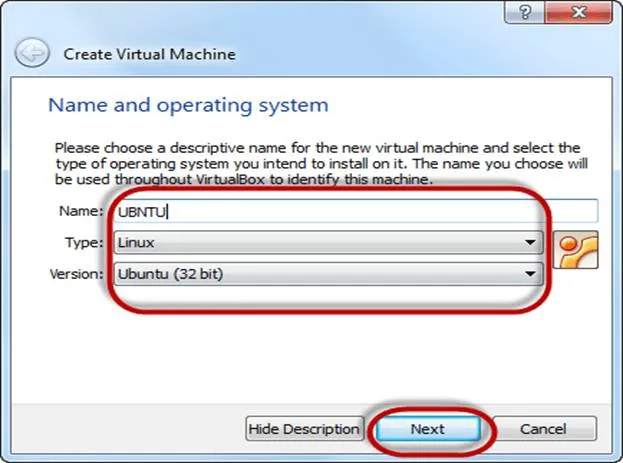 Quá trình tạo máy ảo trong Virtual Box, thiết lập tên, loại hệ điều hành và phiên bản Linux