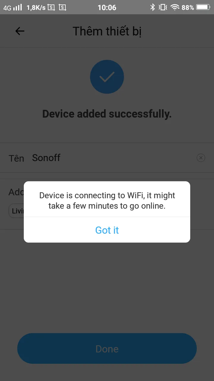 Quá trình thiết bị Sonoff đang kết nối với mạng WiFi và eWeLink