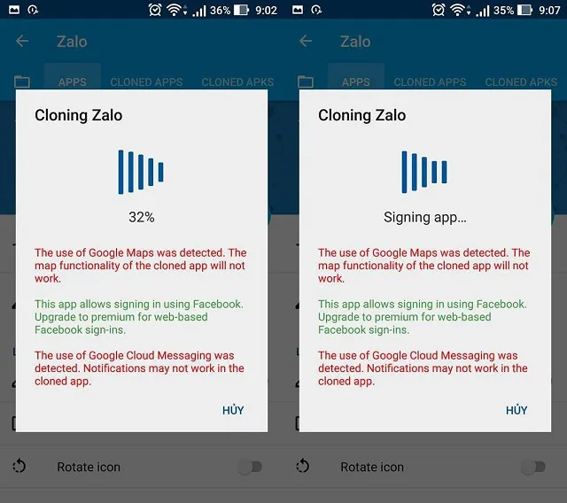 Quá trình ứng dụng App Cloner đang nhân bản ứng dụng Facebook